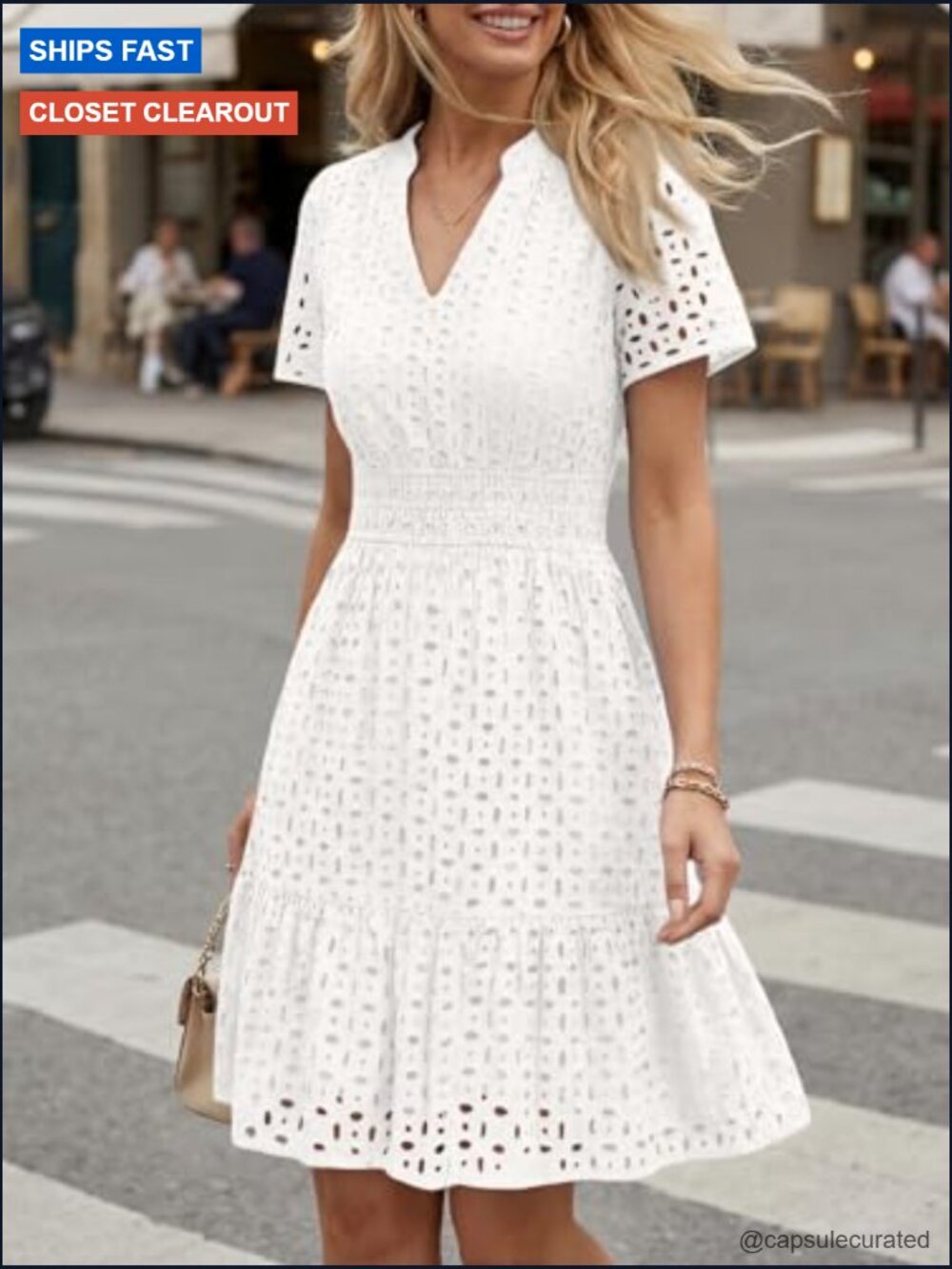Mini Eyelet Lace A-Line Dress V Neck Smocked Waist Short Sleeve Beach Casual - Picture 5 of 6